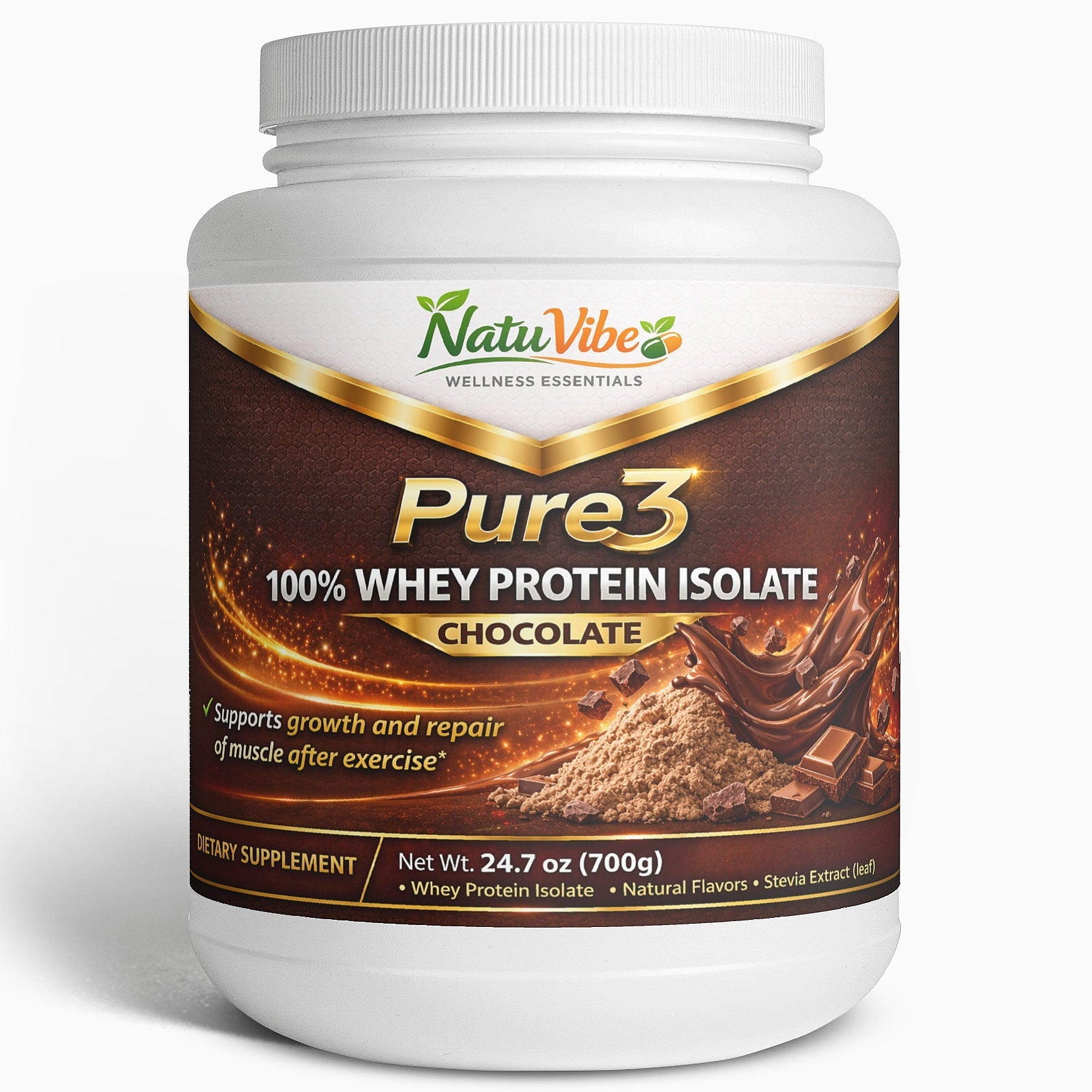NATUVIBE Pure3 100% Whey Protein Isolate Powder - Chocolate