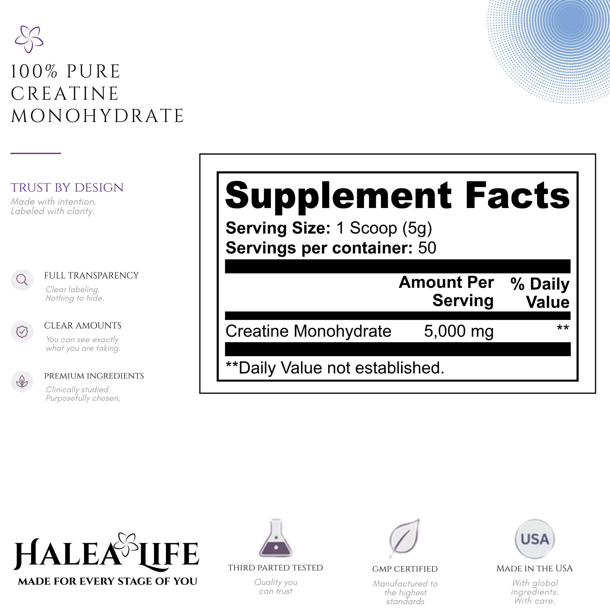 HALEA LIFE 100% Pure Creatine Monohydrate Powder - Unflavored
