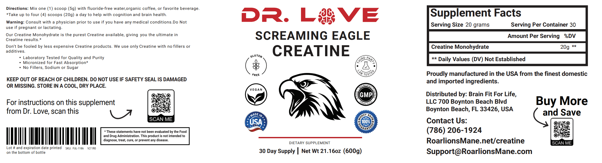 DR. LOVE'S Screaming Eagle Creatine Monohydrate Powder - Unflavored