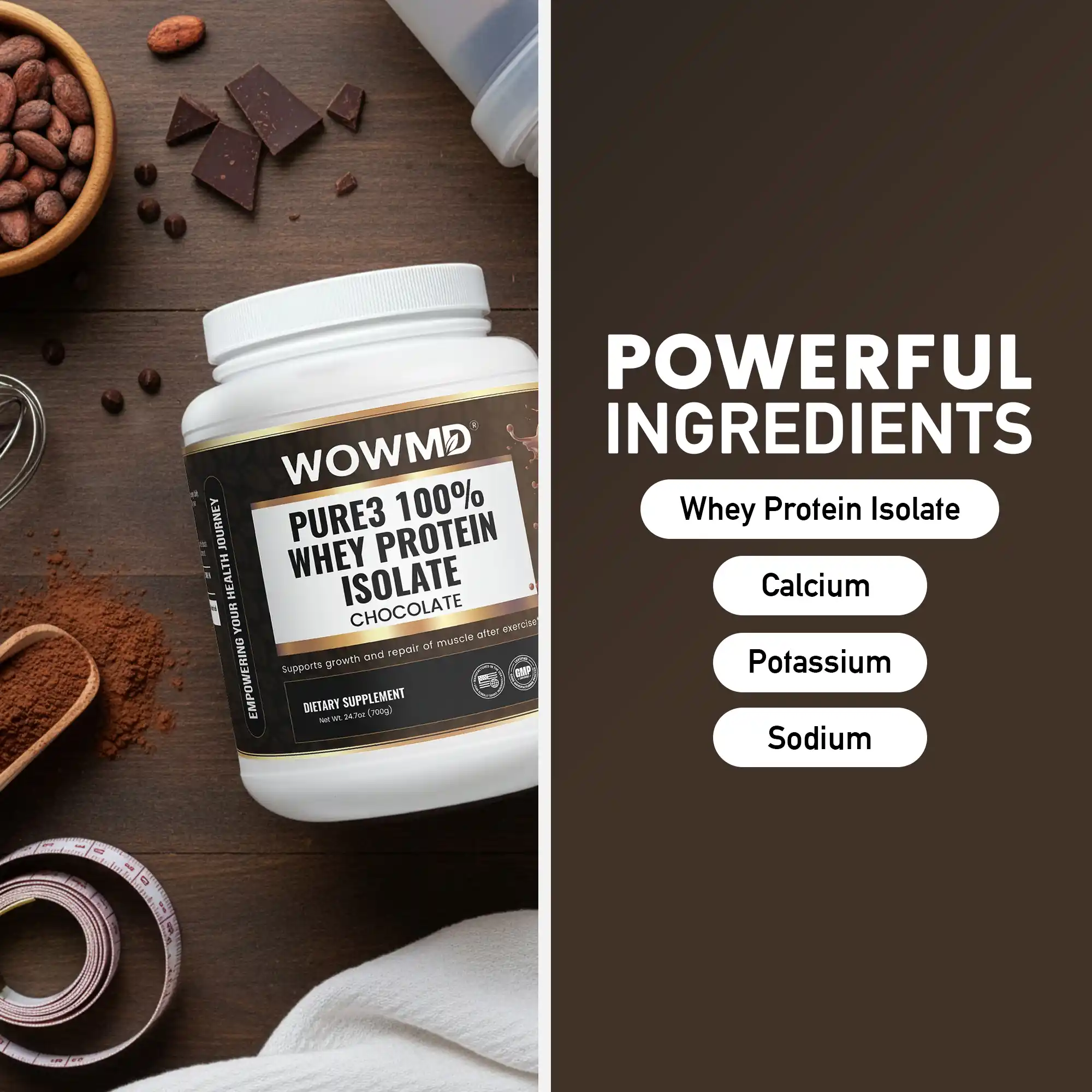 WOW MD Pure3 100% Whey Protein Isolate Powder - Chocolate